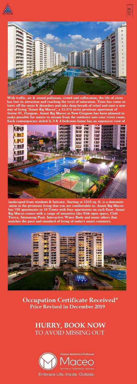 Occupation certificate received at Anant Raj Maceo in Sector 91, Gurgaon