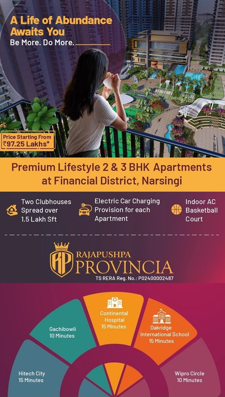 Book 2 & 3 BHK apartments price starts Rs 96.25 Lac at Rajapushpa Provincia, Hyderabad