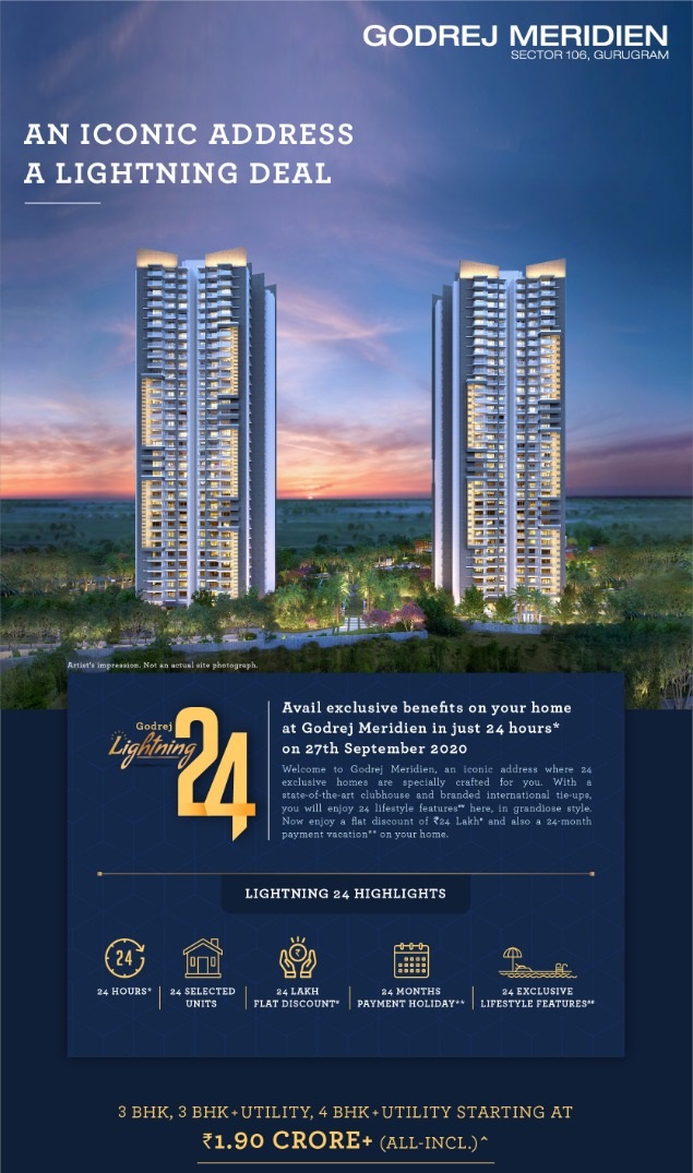 Avail exclusive benefits on your home at Godrej Meridien, Gurgaon in just 24 hours on 27th September 2020