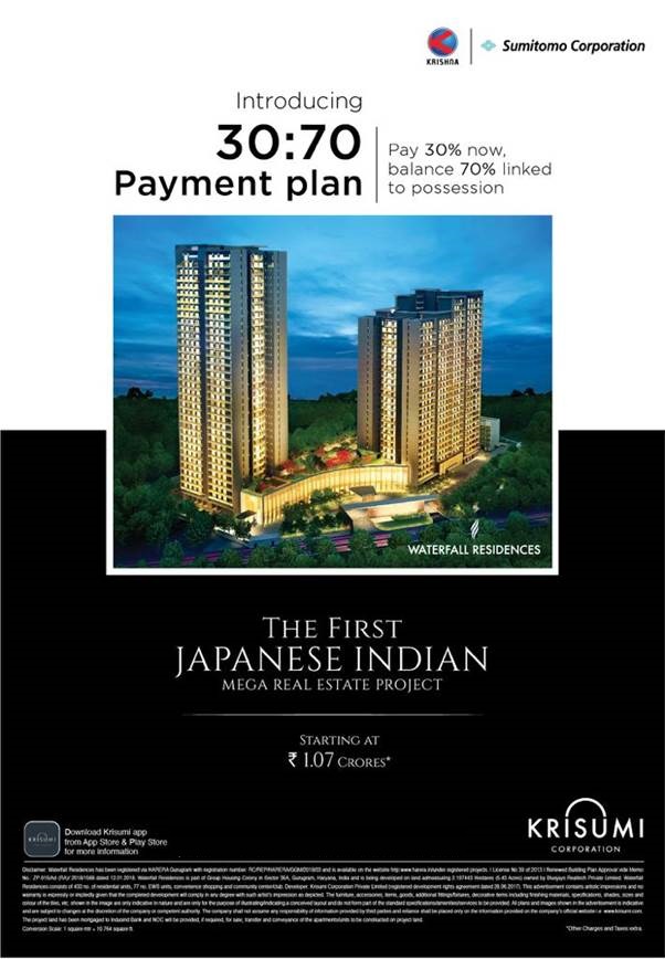 Introducing 30:70 payment plan at Krisumi Waterfall Residences, Gurgaon