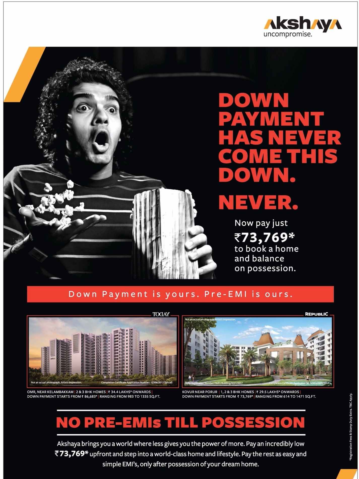Down payment has never come this down at Akshaya Projects, Chennai