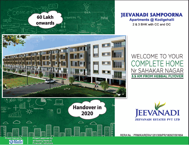 Apartment start from Rs 60 lakh onwards at Jeevanadi Sampoorna, Bangalore