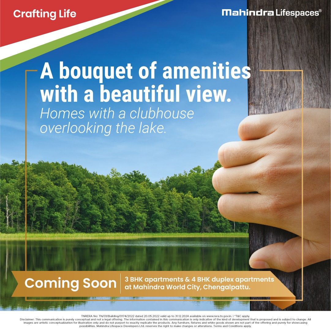 A bouquet of amenities with a beautiful view home with a clubhouse overlooking the lake at Mahindra World City, Chennai
