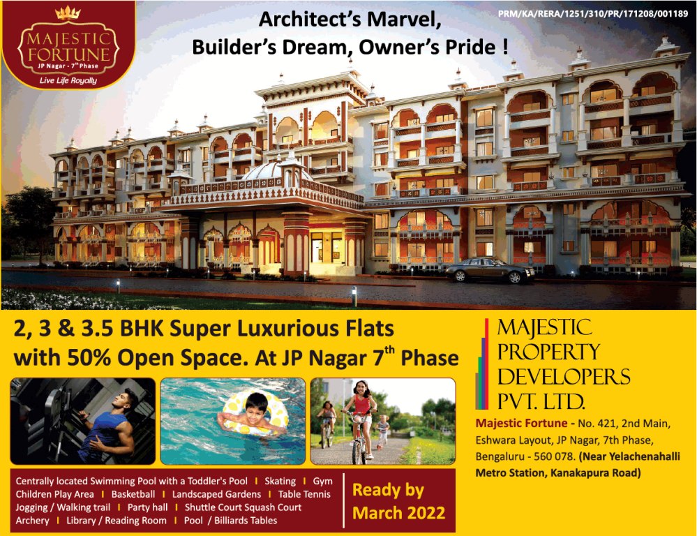 Book 2, 3 & 3.5 BHK super luxurious flats with 50% open space Majestic Fortune in at JP Nagar 7th phase, Bangalore