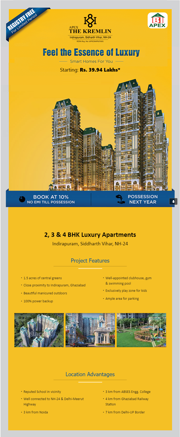 Book at 10% & no EMI till possession at Apex The Kremlin in Ghaziabad