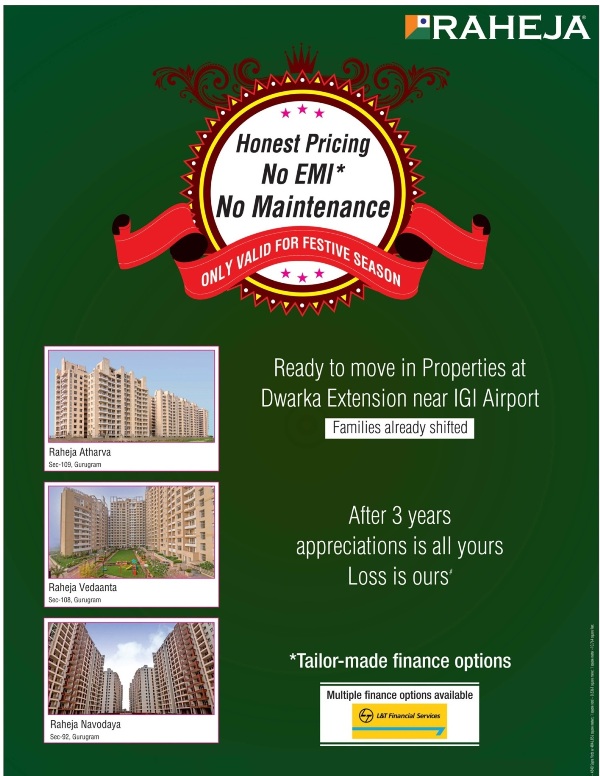 Book ready to move properties by Raheja Developers with no EMI and maintenance during festive season