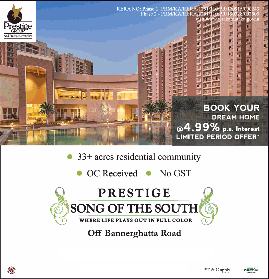 Book your dream home 4.99% interest limited period offer at Prestige Song of the South in Bangalore