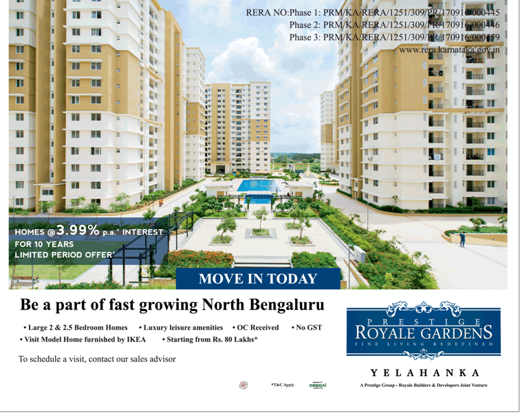Move in today at Prestige Royale Gardens in Bangalore
