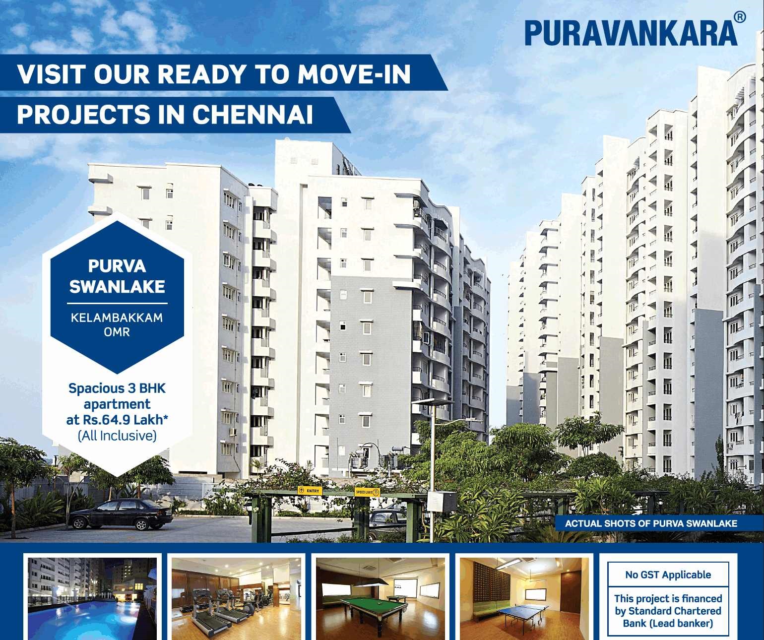 Book ready to move in spacious 3 bhk apartments at Purva Swanlake in Chennai