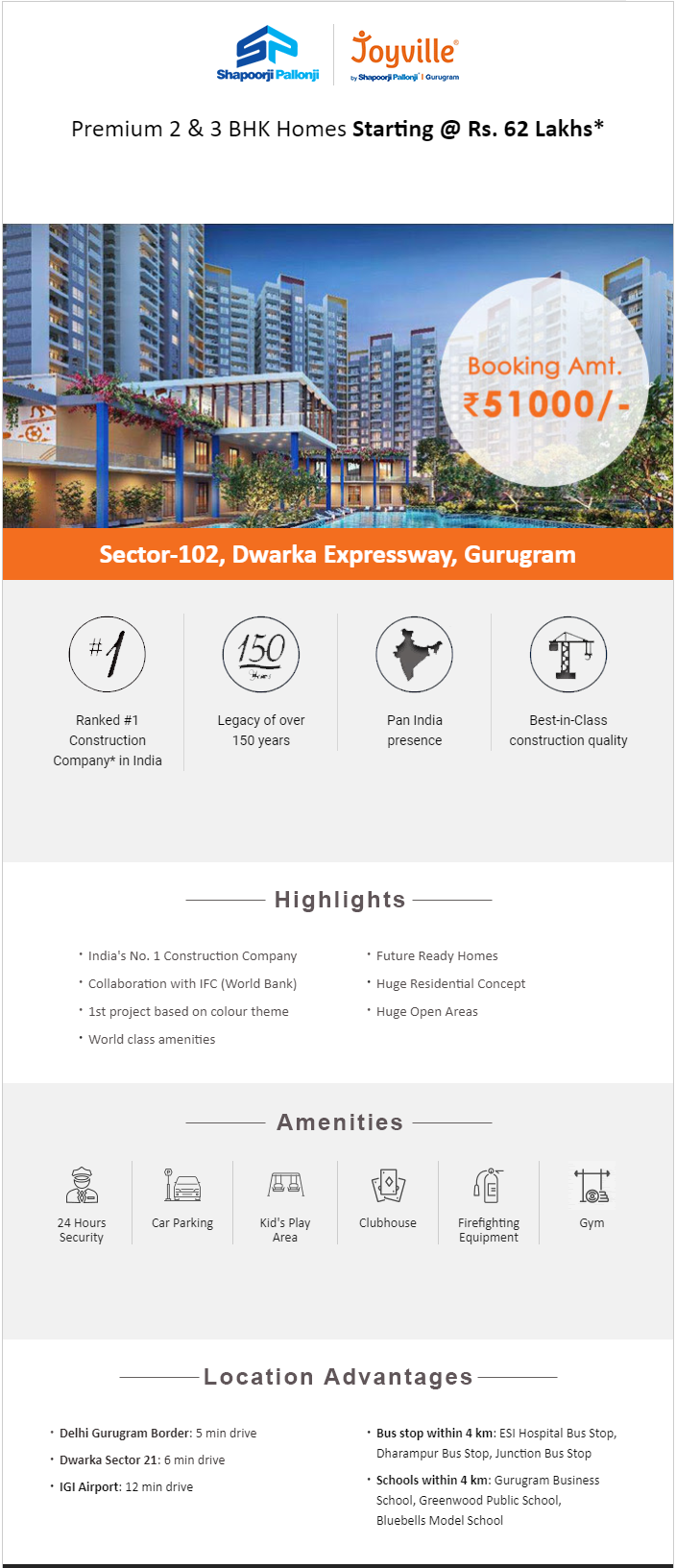 Avail premium 2 & 3 bhk at Rs. 62 lakhs at Shapoorji Pallonji Joyville in Gurgaon