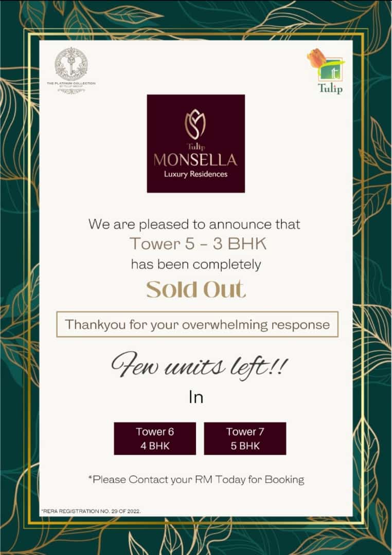 Tower 5 - 3 BHK has been completely Sold out at Tulip Monsella in Sector 53, Gurgaon Update
