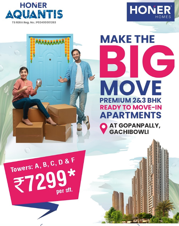 Make the big move premium 2 and 3 BHK ready to move in apartments at Honer Aquantis, Hyderabad