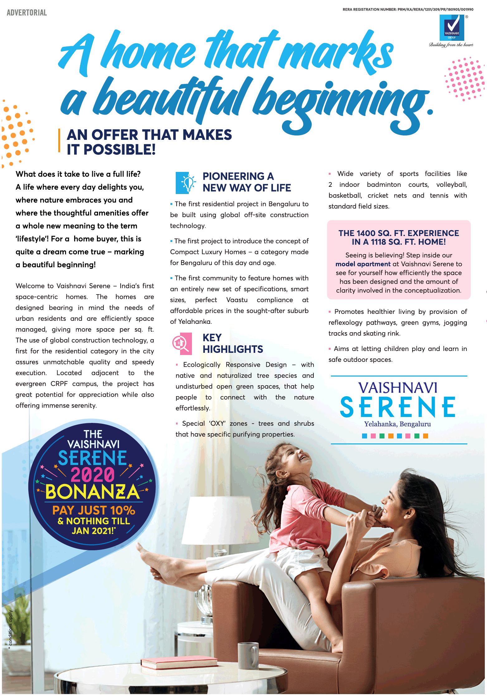 Pay just 10% and nothing till jan 2021 at Vaishnavi Serene at  Bangalore Update