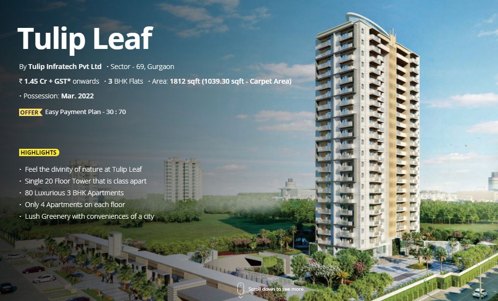 Easy Payment Plan 30:70 at Tulip Leaf in Sector 69, Gurgaon