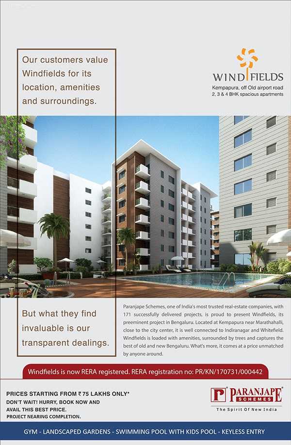 Enjoy the location, amenities & surroundings by residing at Paranjape Wind Fields in Bangalore