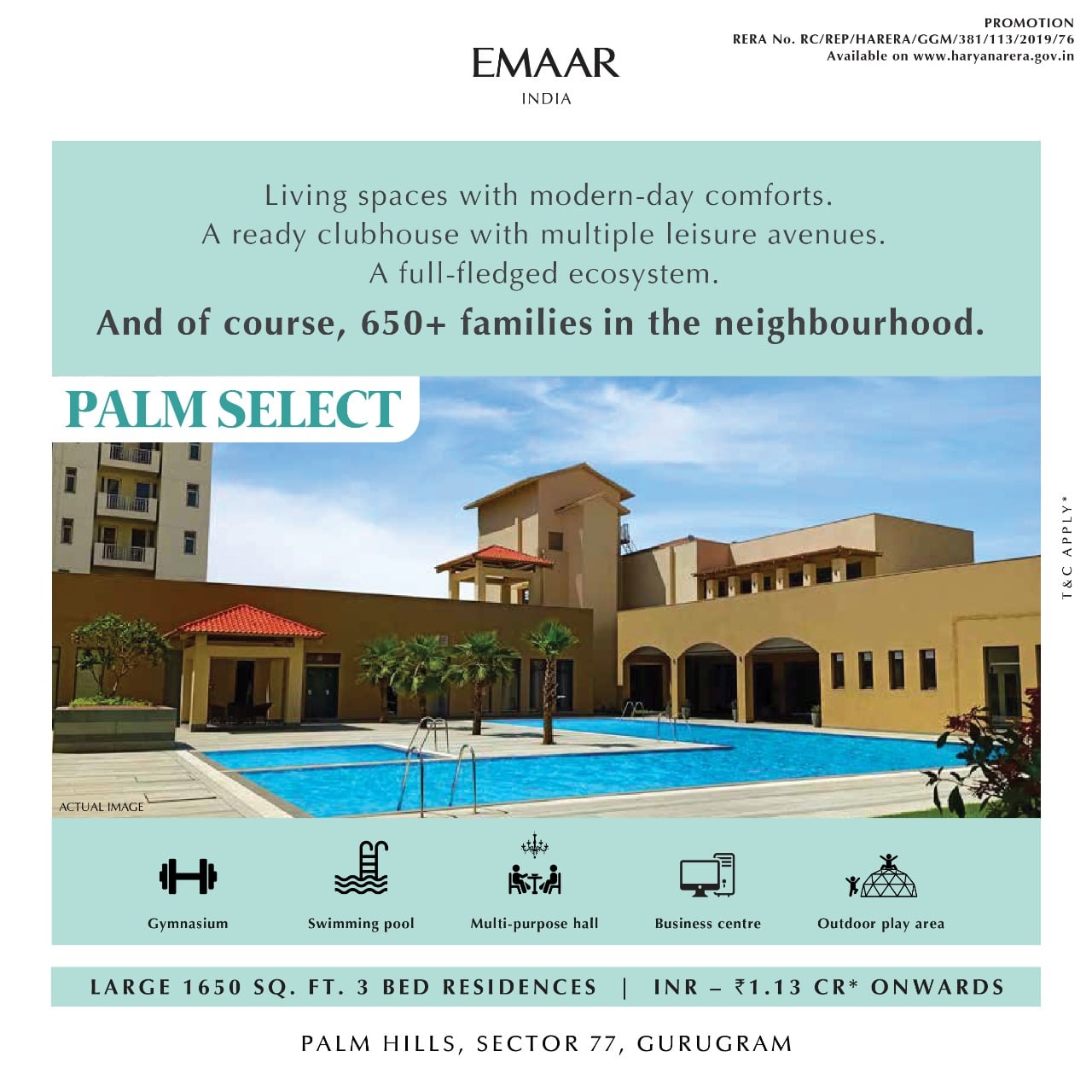 A ready clubhouse with multiple leisure avenues at Emaar Palm Select, Gurgaon