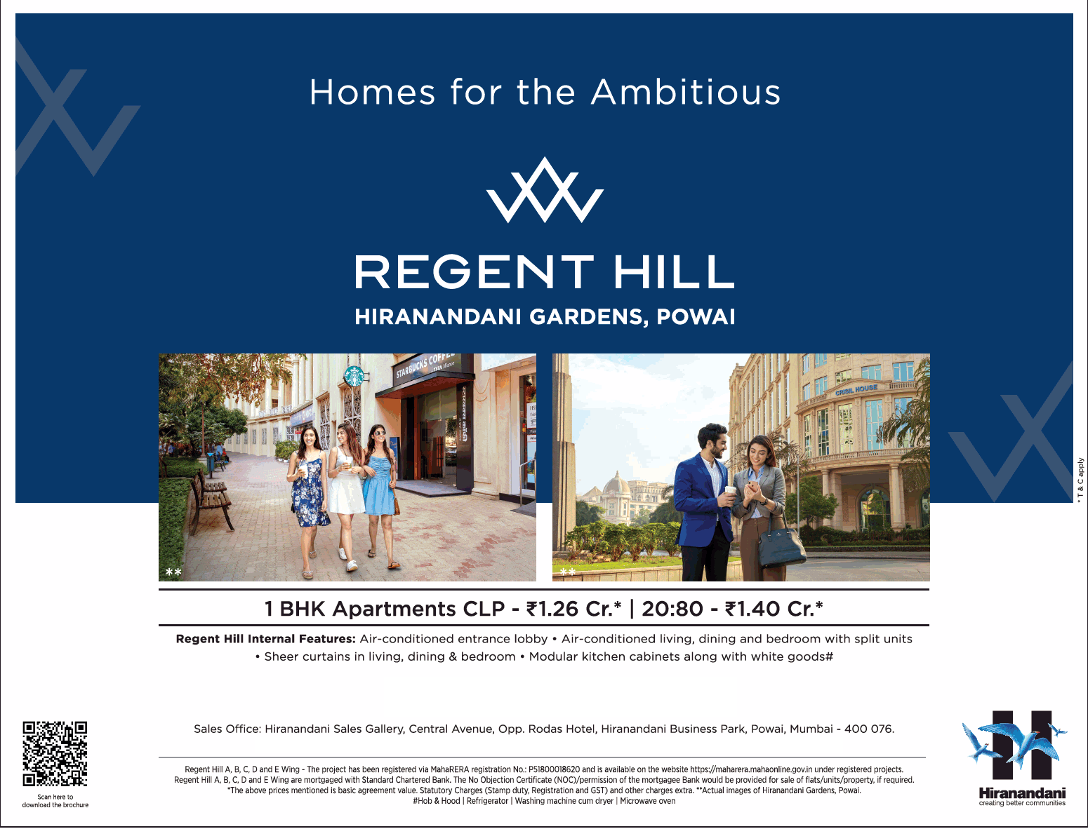 Book 1 BHK apartments CLP  Rs 1.26 Cr at Hiranandani Regent Hill,  Powai, Mumbai