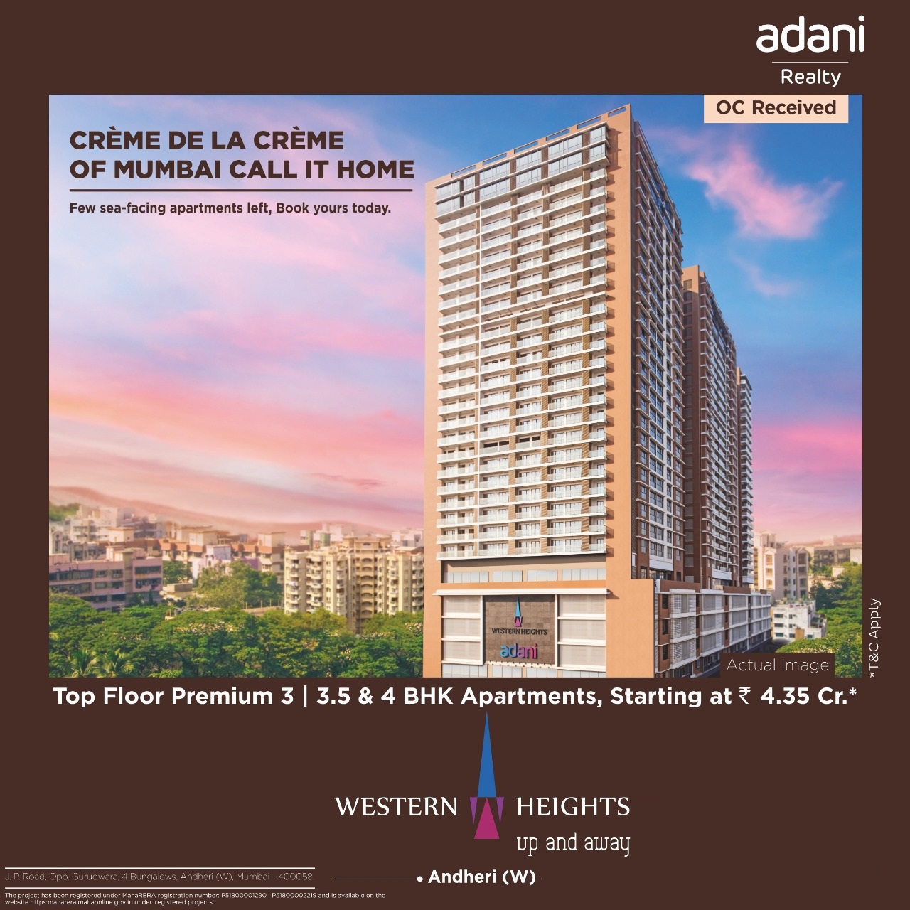 Sea facing apartments at Rs 4.35 Cr at Adani Western Heights, Mumbai Update