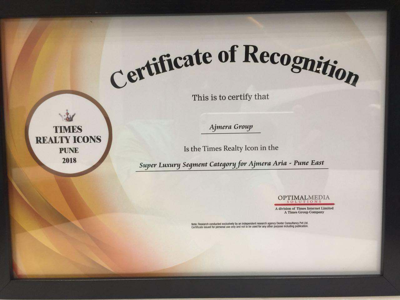 Ajmera Realty recognised in Super Luxury Segment category by Times Realty Icons Pune 2018