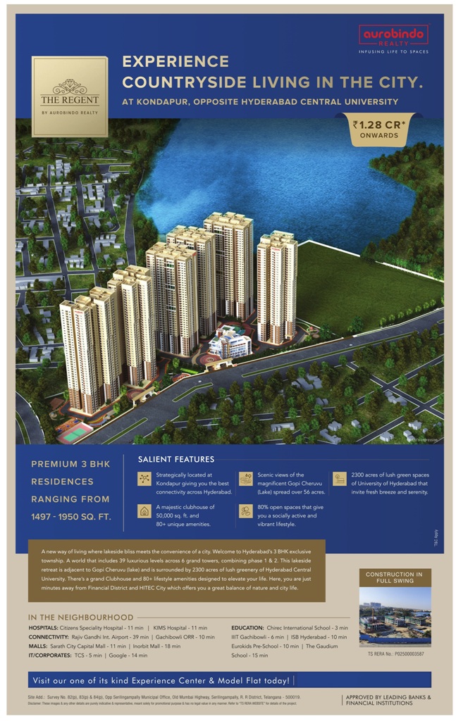 Book 3 BHK residences Rs 1.28 Cr onwards at Aurobindo The Regent in Kondapur, Hyderabad Update