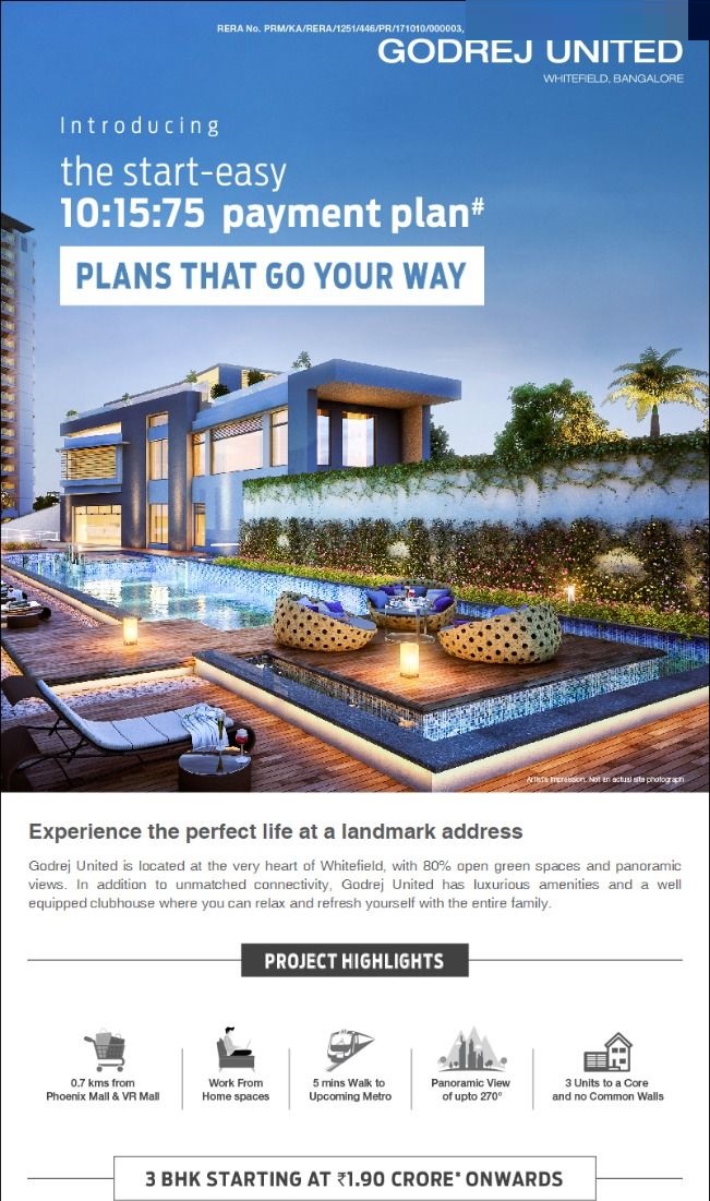 Introducing the start-easy 10:15:75 payment plan at Godrej United in Bangalore Update