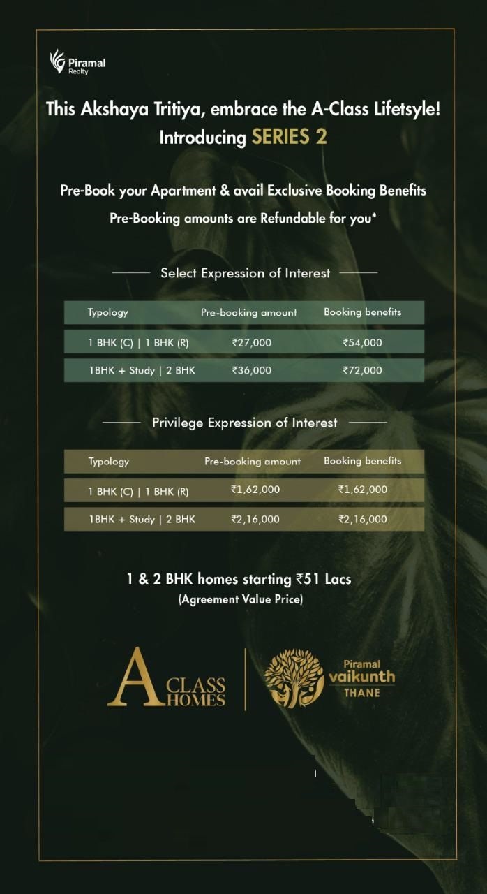Pre-bookings open now and benefits up to Rs 2,16,000 at Piramal Vaikunth A Class Homes