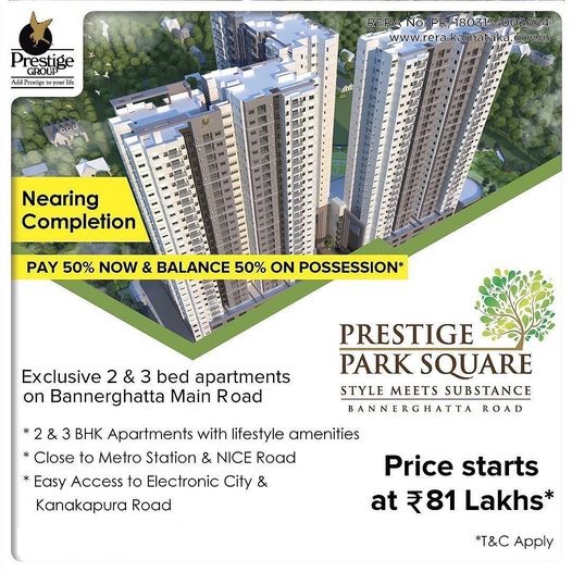 Nearing completion 2 & 3 BHK apartments Rs 81 Lac onwards at Prestige Park Square in Bangalore