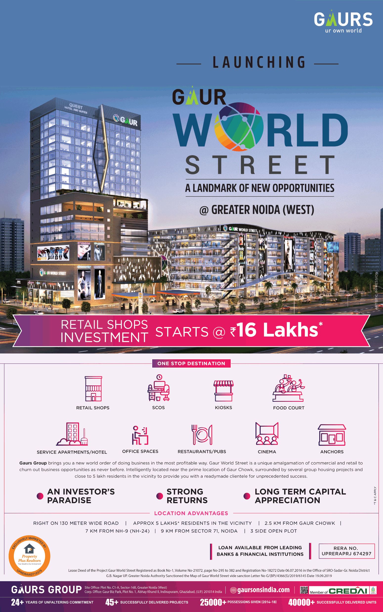 Retail shops investment starts Rs 16 Lac at Gaur World Street, Noida