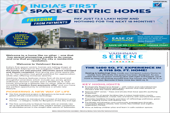 Pay just Rs 3.5 lakh now and nothing for the next 18 months at Vaishnavi Serene, Bangalore