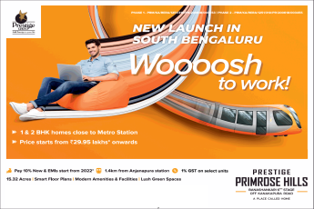 Pay 10% now and EMIs start from 2022 at Prestige Primrose Hills in Bangalore