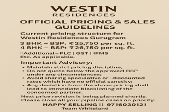 Official Pricing for Westin Residences Gurugram || Strict Pricing Guidelines by Whiteland || Close Your Deals Now!