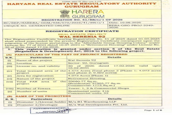 Haryana RERA Approval for Wal Serena 92 || New Registration for Wal Serena 92 in Gurugram || Official Registration Announced for Wal Serena 92