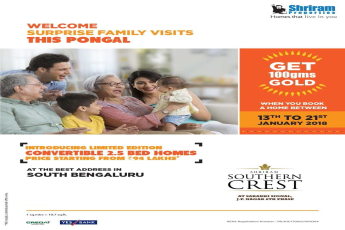 Introducing limited edition convertible 2.5 bed homes at Shriram Southern Crest in Bangalore