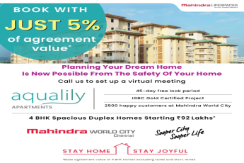 Book with just 5% of agreement value at Mahindra Aqualily in Chennai