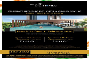 Spacious 2 BHK apartment  Rs 1.62 Cr at Emaar Digi Homes in Gurgaon
