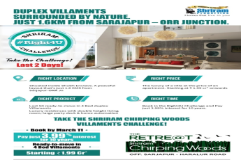 Just Pay 3.99% Interest for 10 Years at Shriram Chirping Woods, Bangalore