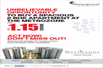 Unbelievable opportunity to buya spacious 2 BHK apartment Rs 1.15 cr at Ozone The Metrozone in Chennai