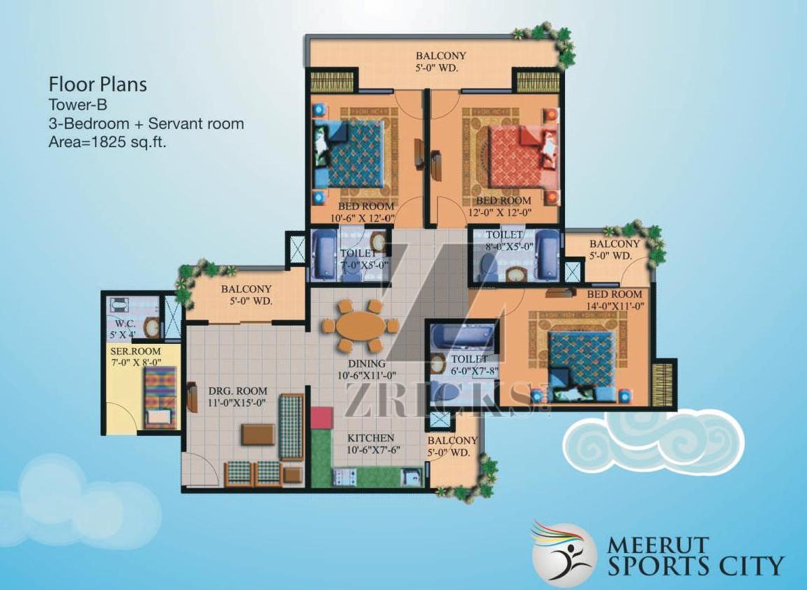 3 BHK + S R Apartment 1825 Sq. Ft. For Sale in Supertech Meerut Sports