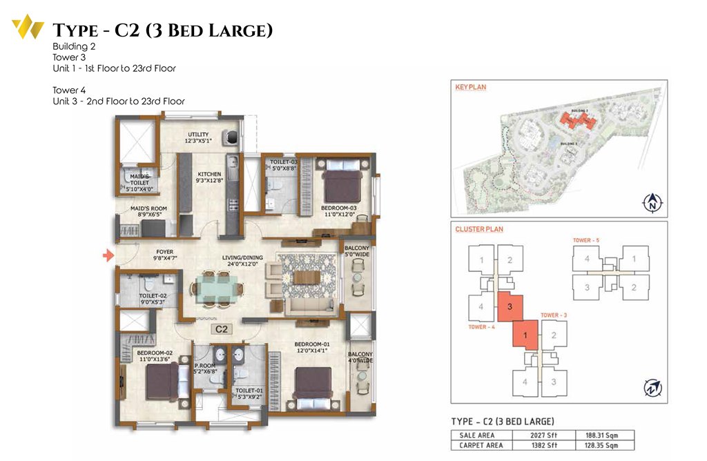 3 BHK Apartment 2027 Sq. Ft. For Sale in Prestige Waterford Bangalore
