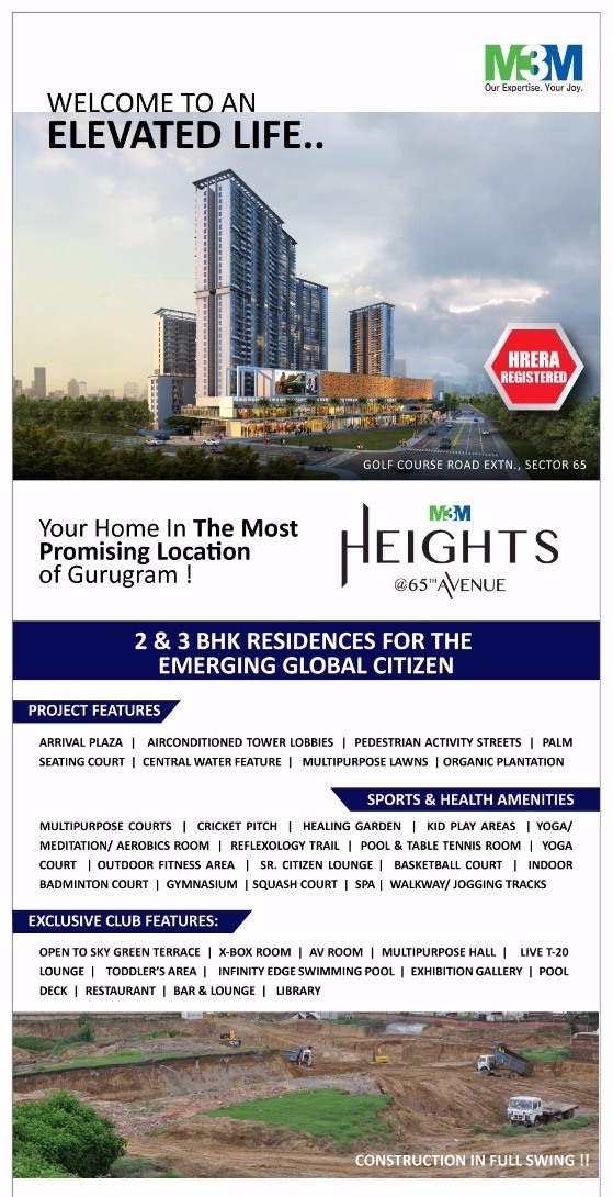 M3M Heights 65th Avenue offers 2 & 3 BHK residences for the emerging global citizen Update