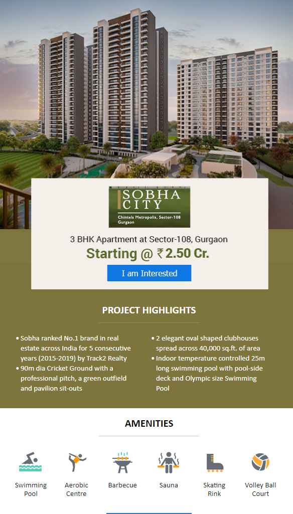 Book 3 BHK apartments Rs 2.50 Cr onwards at Sobha City in Sector 108, Gurgaon Update