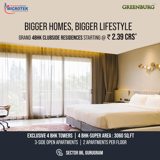 Bigger Homes, Bigger Lifestyle Grand 4 BHK Clubside Residences Starting @ 2.39 Cr. at Microtek Greenburg in Sector 86 Gurgaon Update