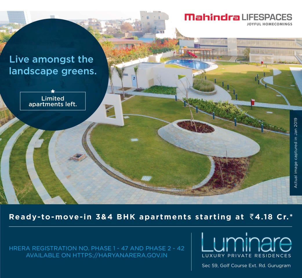 Live amongst the landscape greens at Mahindra Luminare, Gurgaon Update