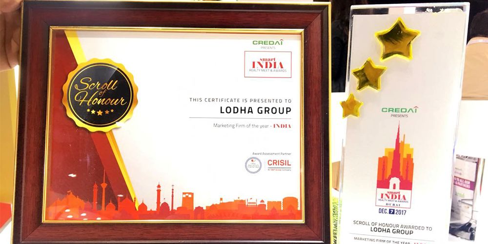 Lodha Group received the India’ Scroll of Honor Award at CREDAI Smart India Realty Meet & Awards held at the World Trade Centre, Dubai on 7th December 2017 Update