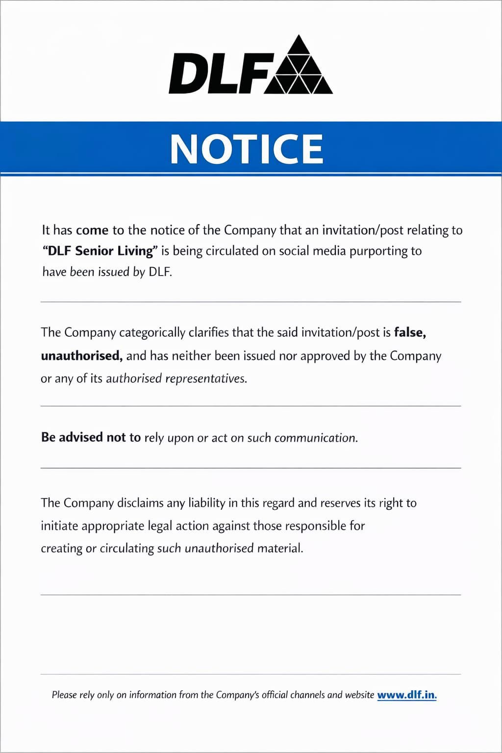 DLF Clarifies on Unauthorized Post || Important Notice from DLF || Beware of False Invitations Update