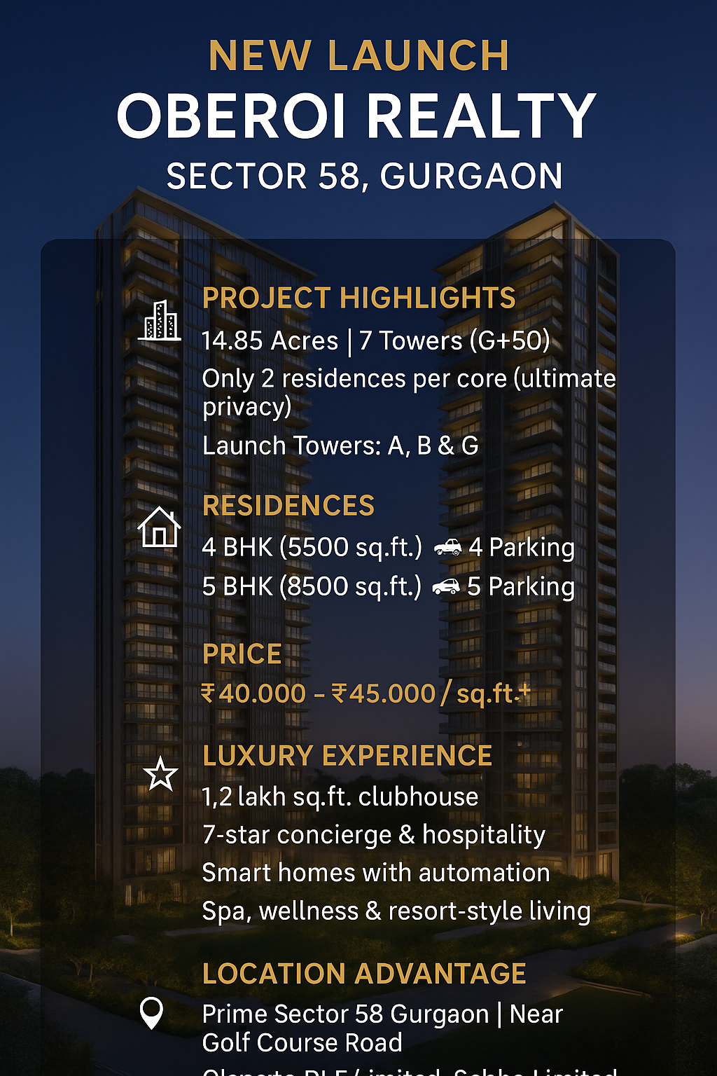 Discover Luxury Living with Oberoi Realty in Sector 58, Gurgaon || New Launch: Oberoi Realty's Premium Residences || Explore Exquisite Homes by Oberoi Realty, Gurgaon Update