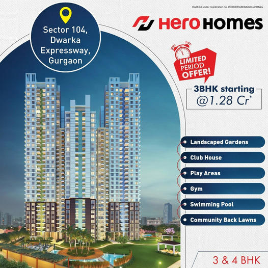 Book 3 BHK price starting Rs 1.28 Cr at Hero Homes, Sec 104 Gurgaon Update