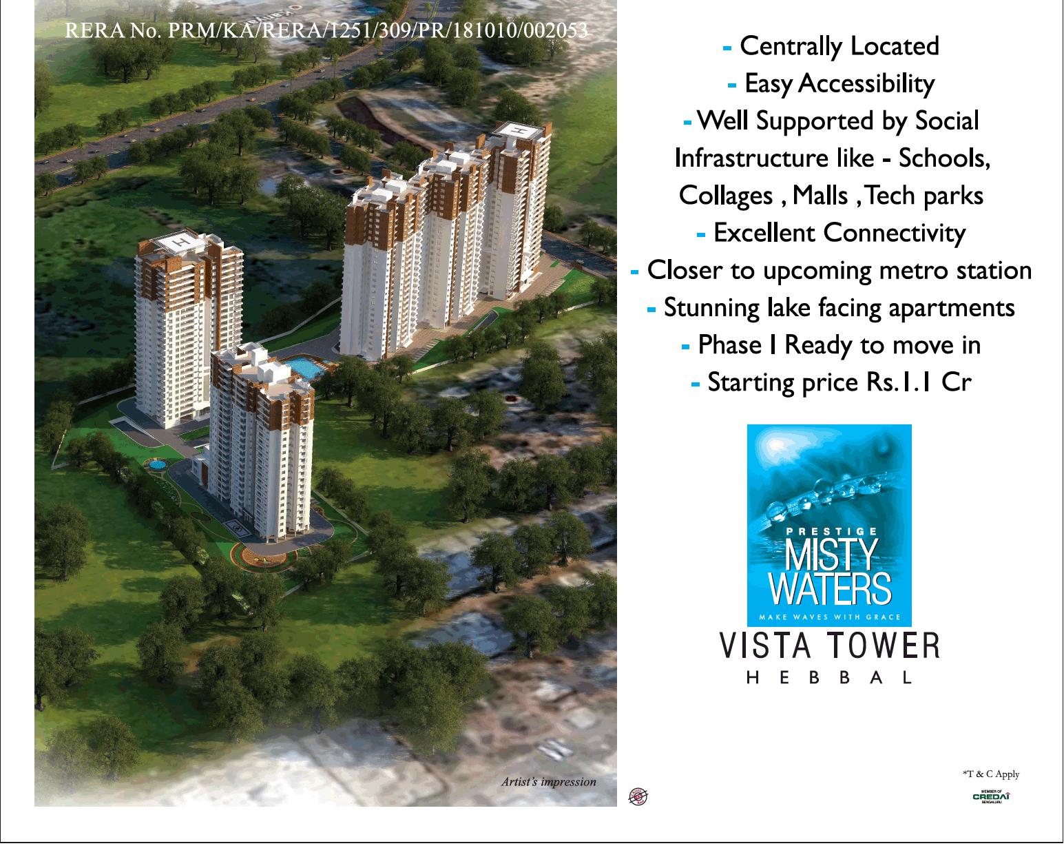 Phase 1 ready to move in price starting Rs 1 Cr at Misty Waters Vista Tower, Bangalore Update