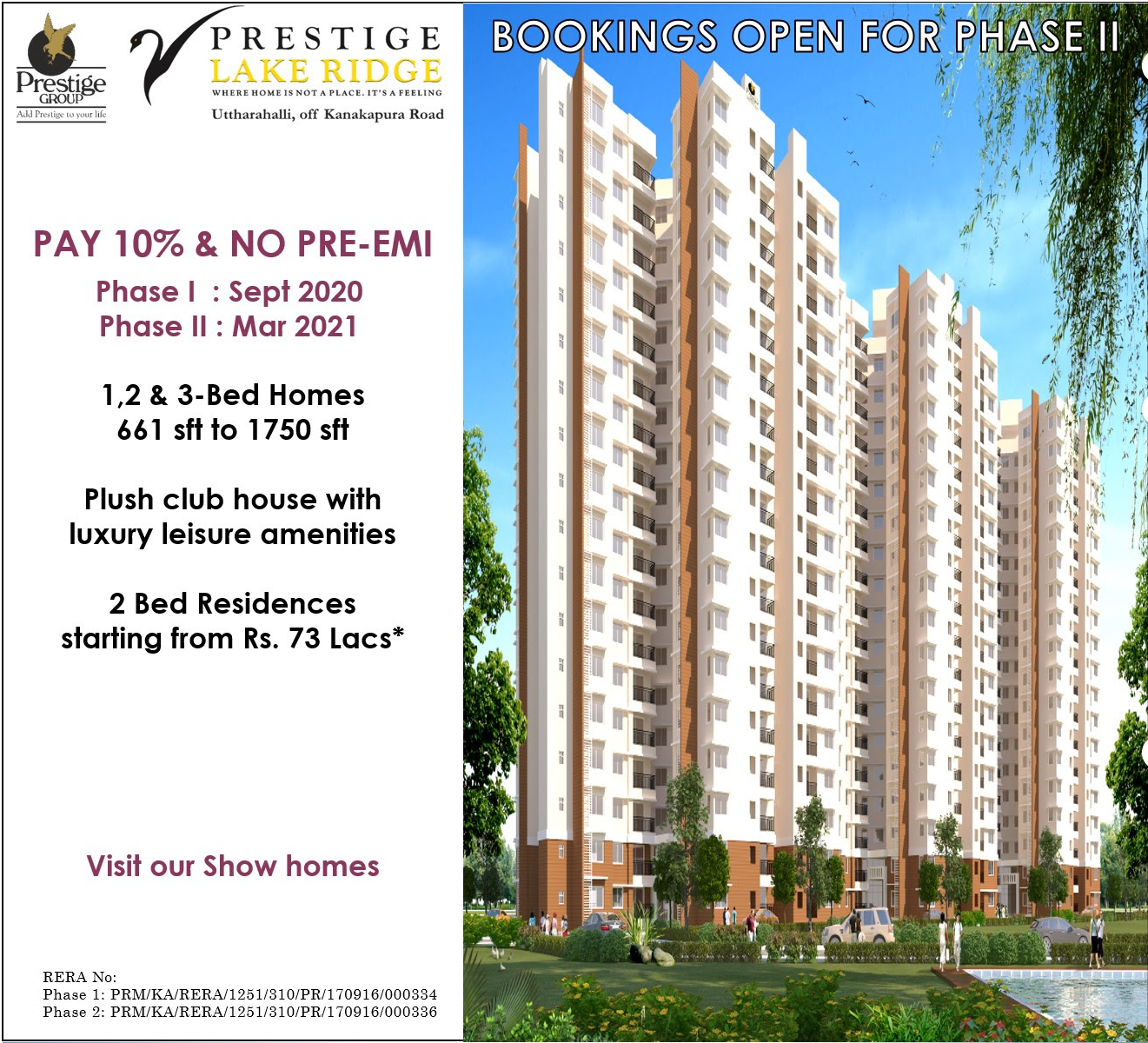 Pay 10% & No Pre EMI at Prestige Lake Ridge in Bangalore Update