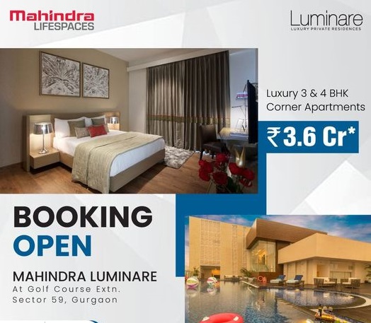 Booking Open in Mahindra Luminare 3 BHK Cornar Apartments @ 3.6 Cr at Golf Course Extension Road  in Sector 59 Gurgaon Update